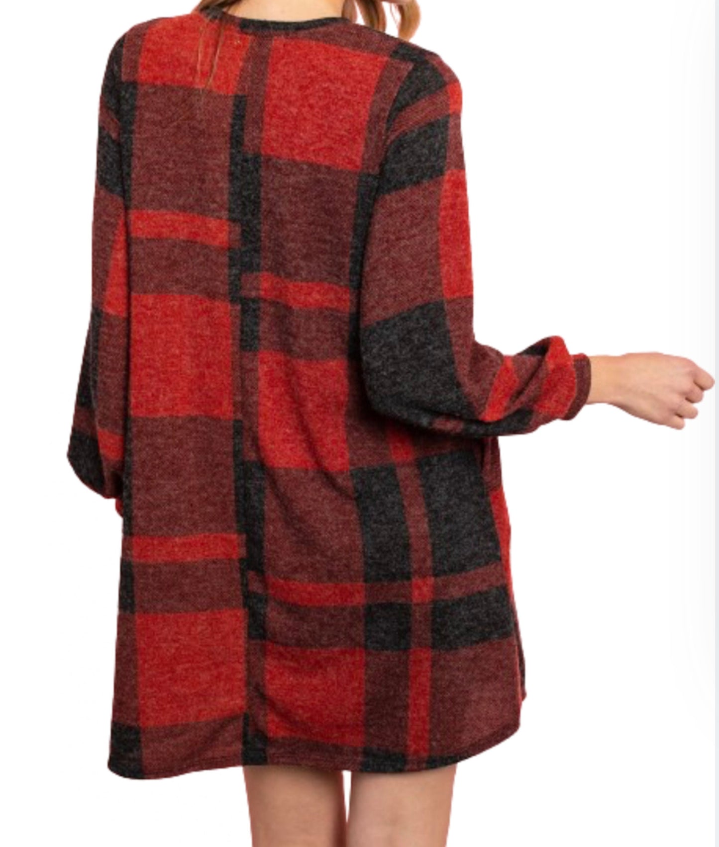 Long Blouson Sleeve Plaid Mini Pocket Shift Dress
