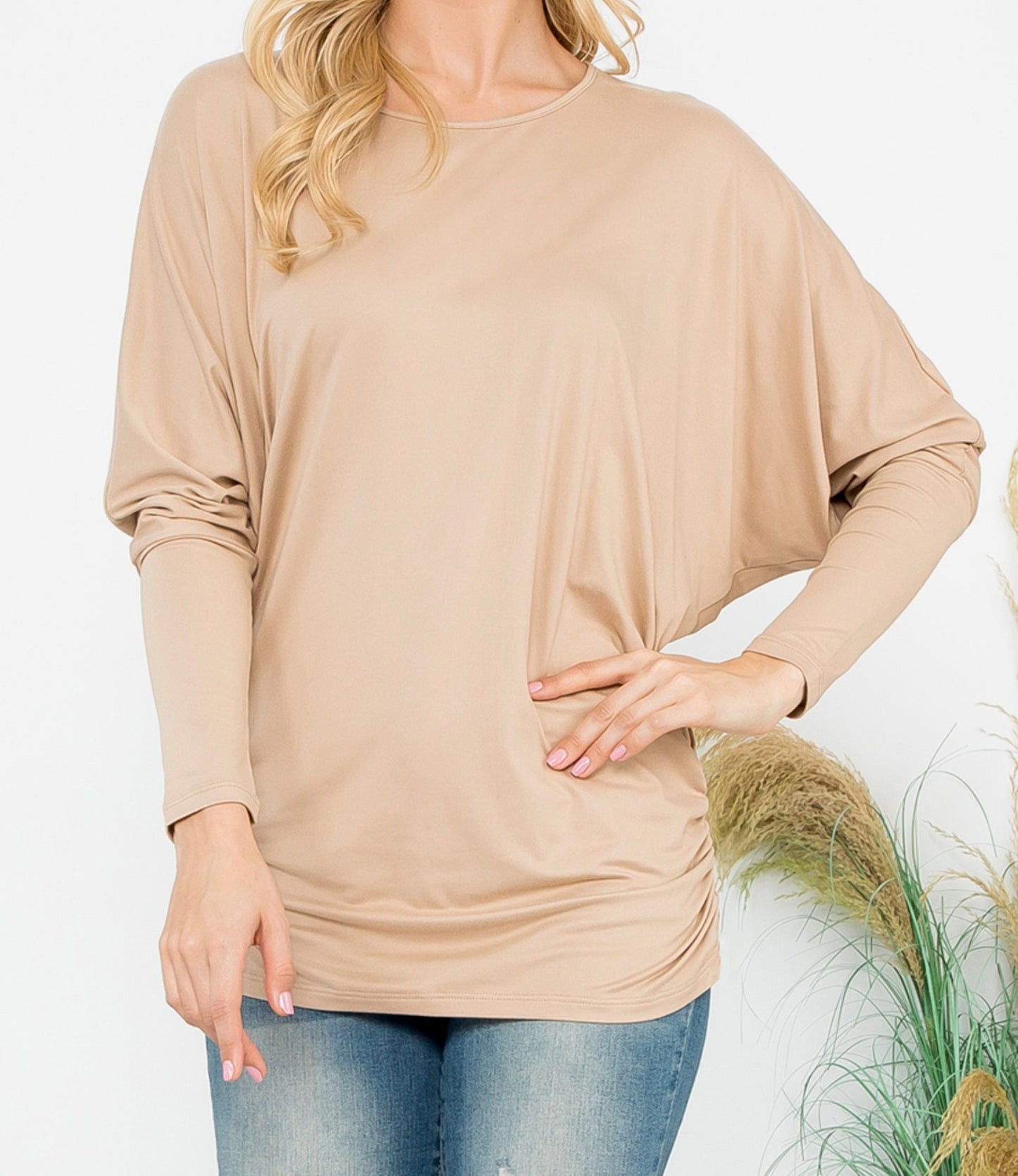 Long Dolman Sleeve Ruch Hip Top Blouse