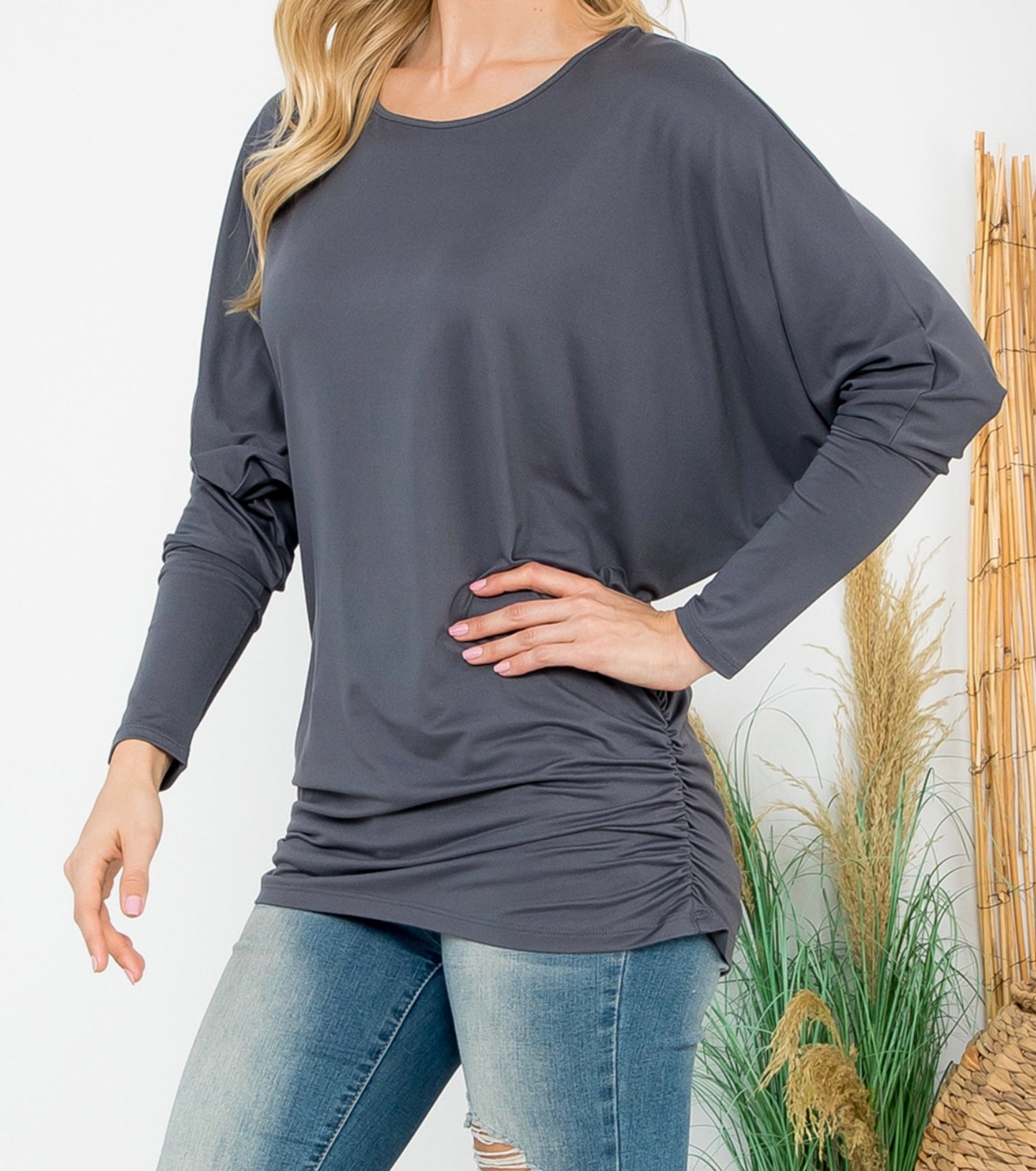 Long Dolman Sleeve Ruch Hip Top Blouse