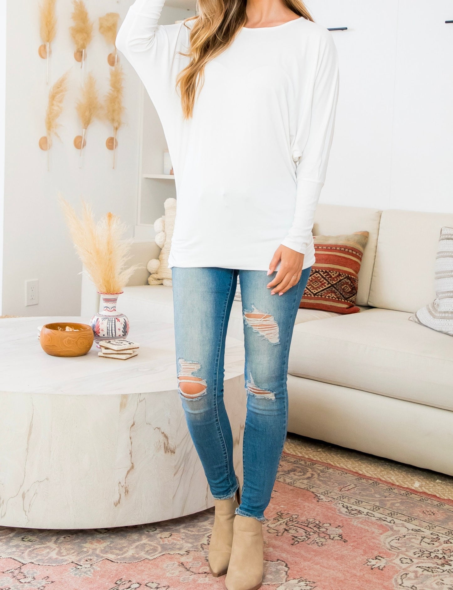 Long Dolman Sleeve Ruch Hip Top Blouse