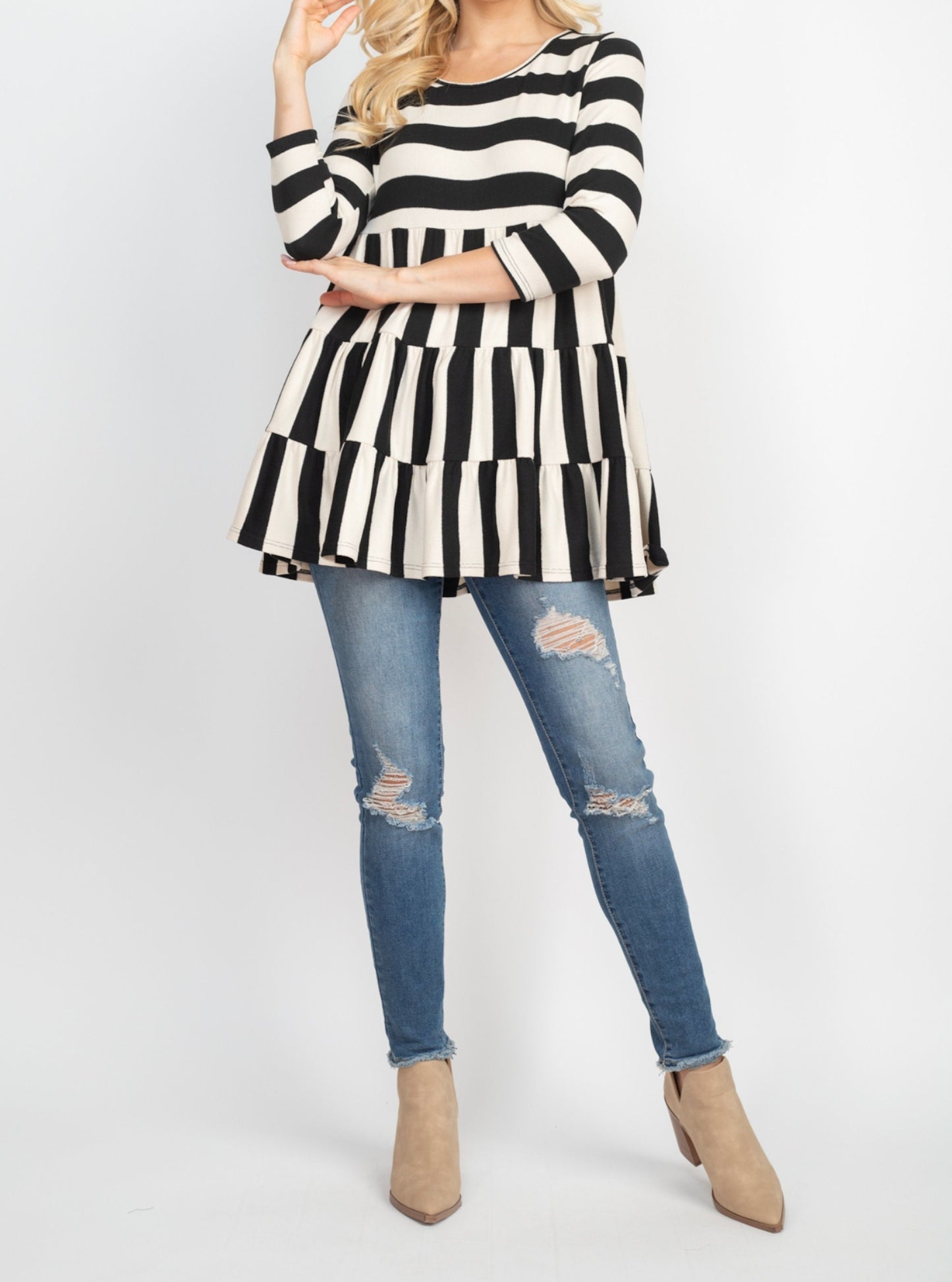 Plus Size 3/4 Sleeve Alternating Stripe Babydoll Top Blouse