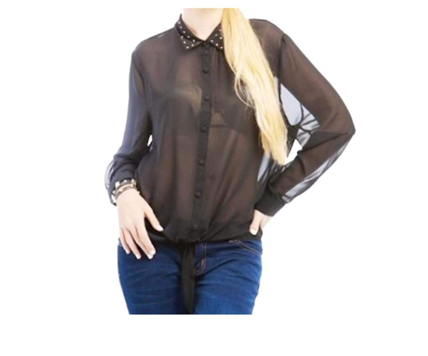 Women's Plus Size Long Sleeve Crystal Accent Semi Sheer Button Down Collar Blouse Top Fashion