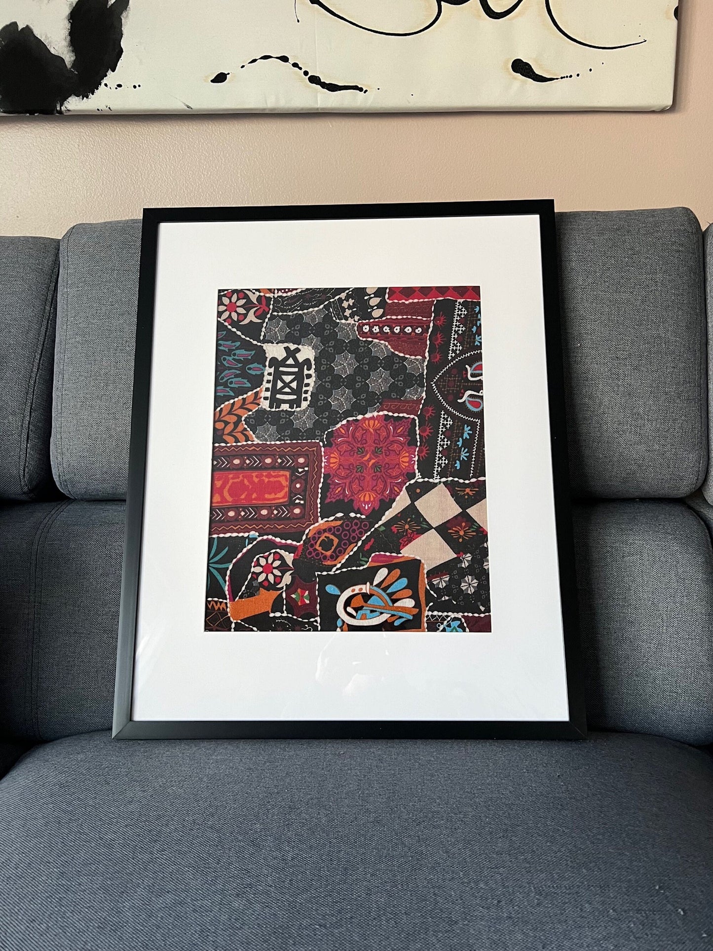 16 x 20 Framed Indian Ethnic Cotton Linen Fabric Textile Wall Art