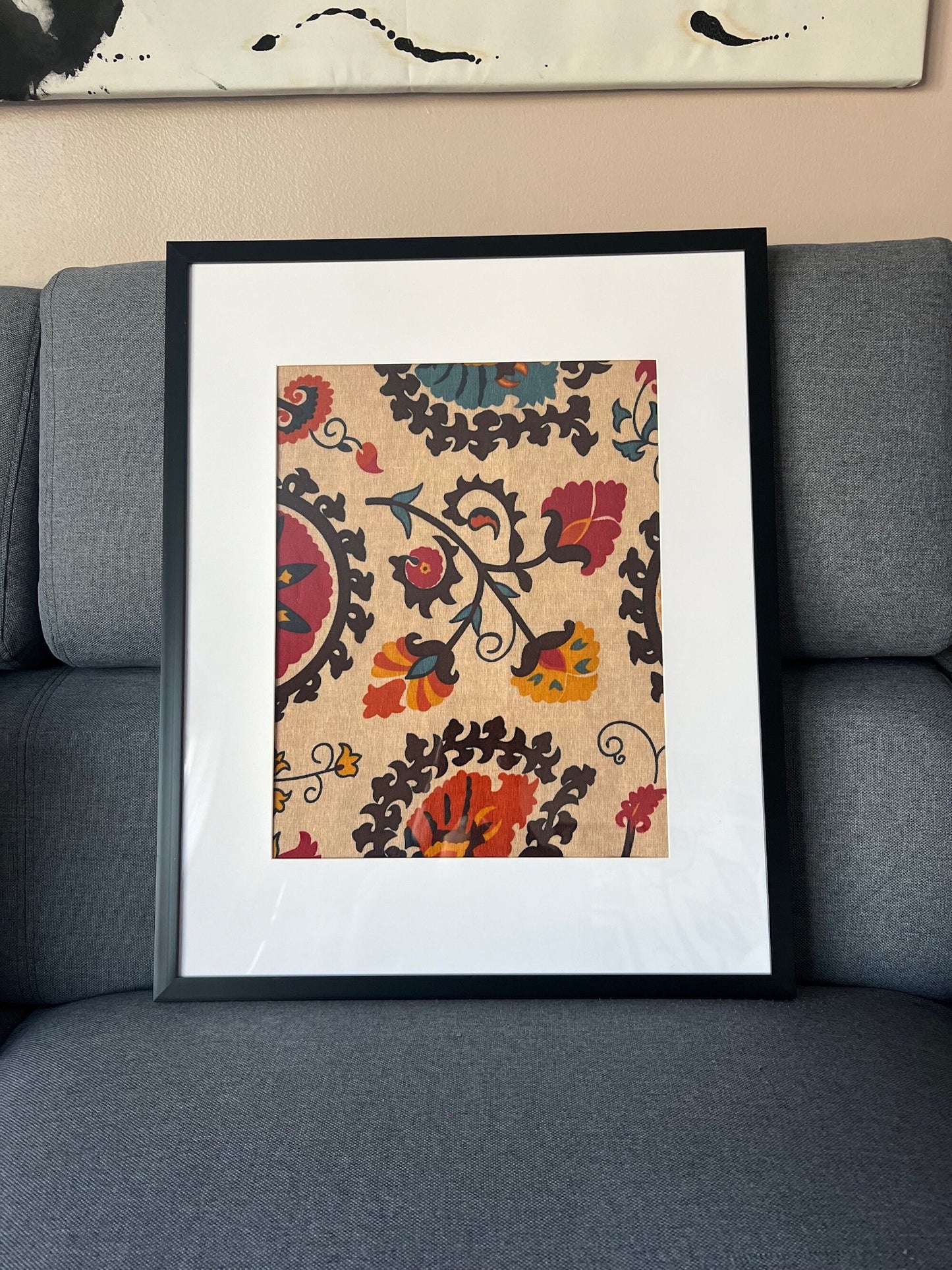 16 x 20 Framed Indian Ethnic Cotton Linen Fabric Textile Wall Art