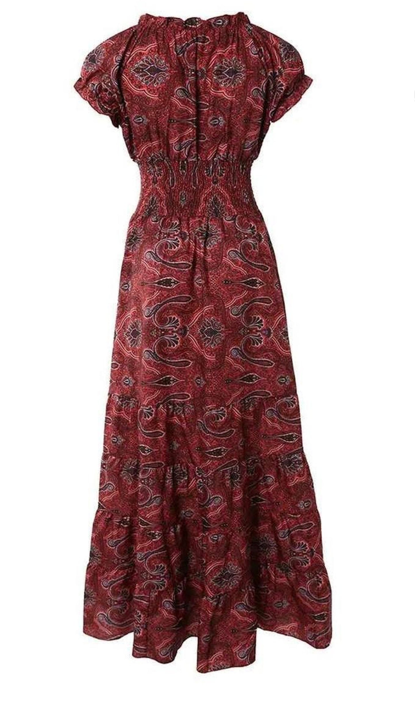 Women's Cap Sleeve Smocked Waist Tribal Print Peasant Maxi Dress Fashion