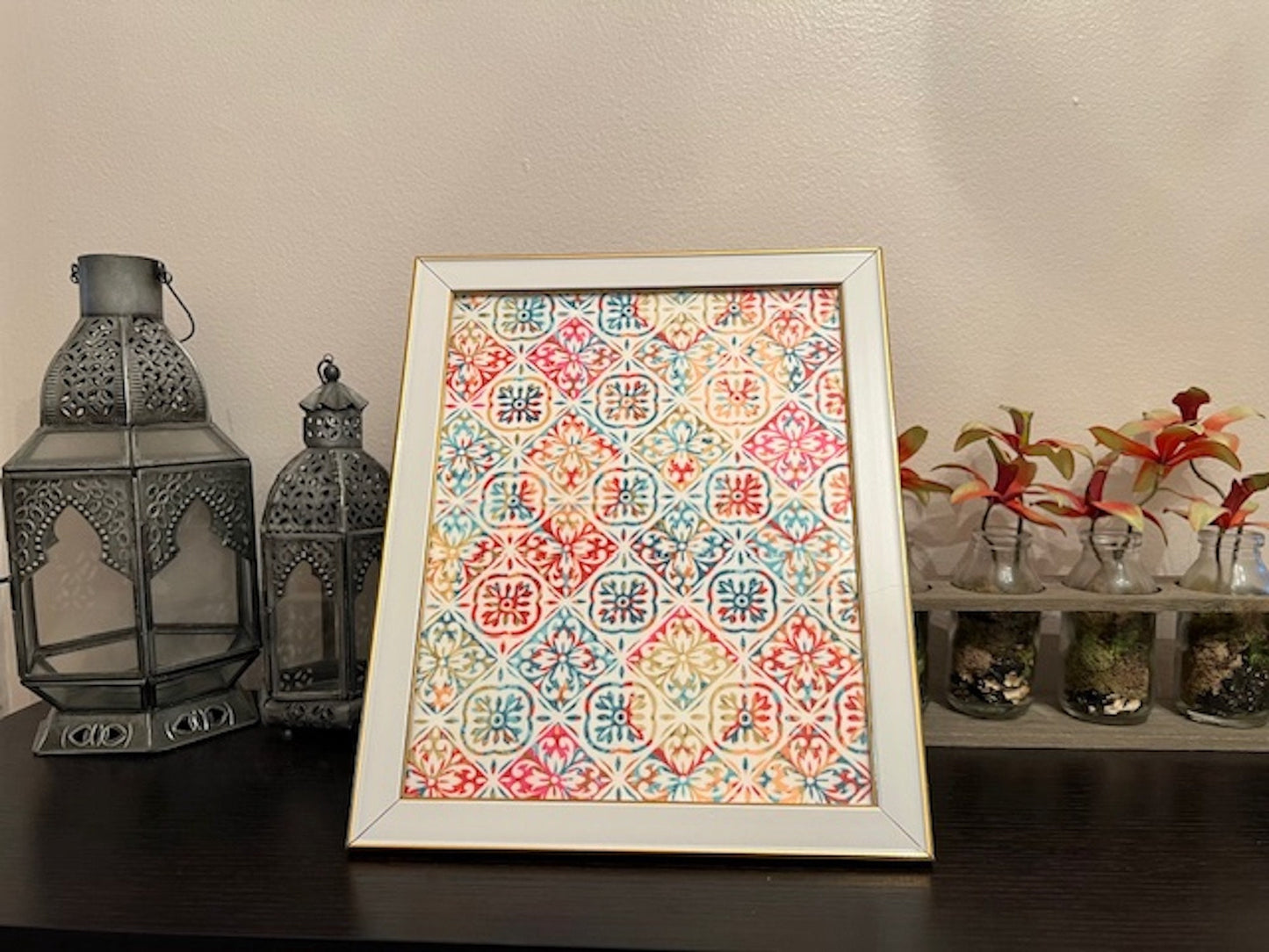9.5 x 11.5 Framed Vintage Fabric Art Print Wall Hanging Textile Wall Art
