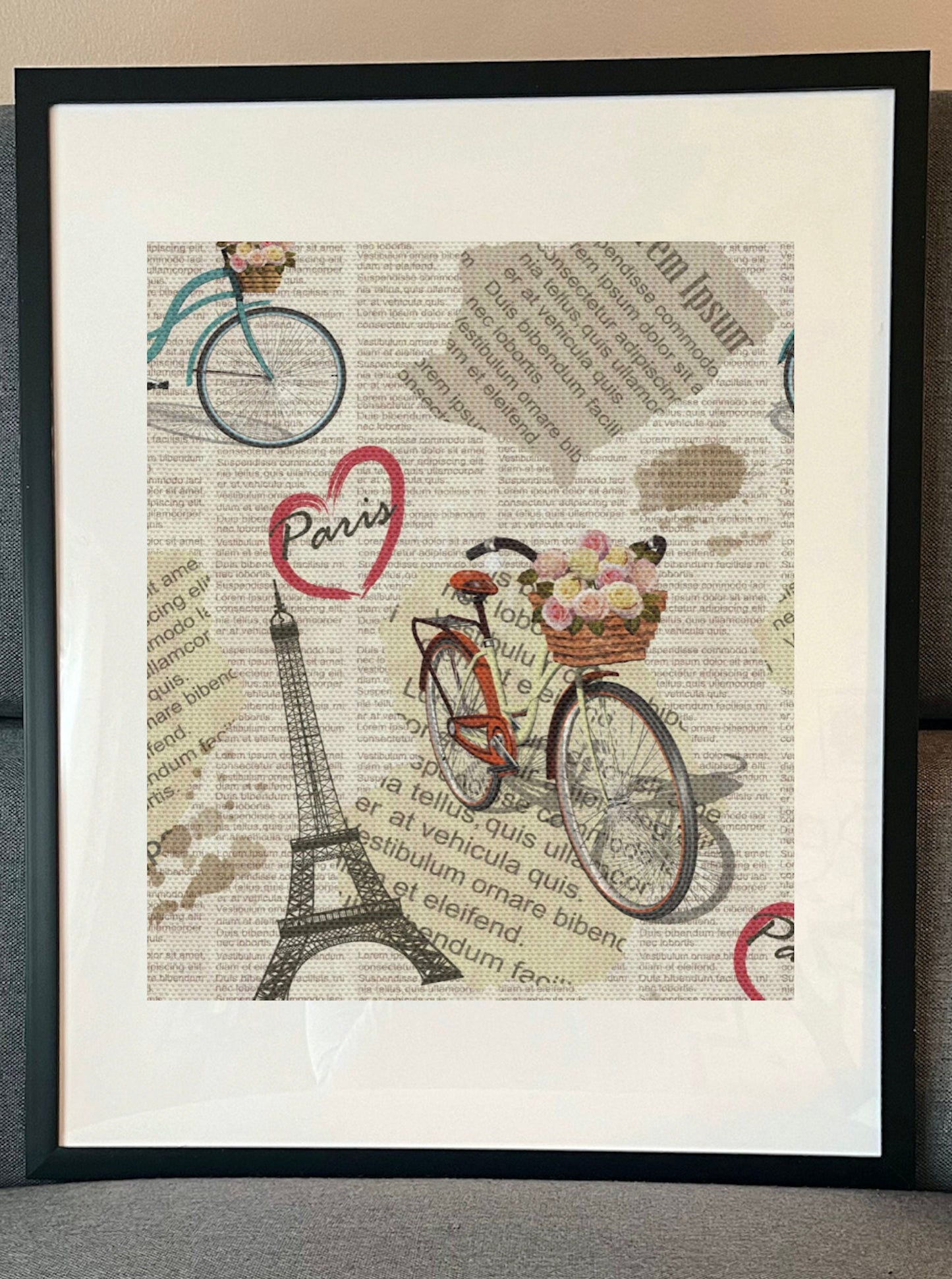 16 x 20 Framed Bold Paris Eiffel Tower French Culture Letters Theme Fabric Textile Wall Art