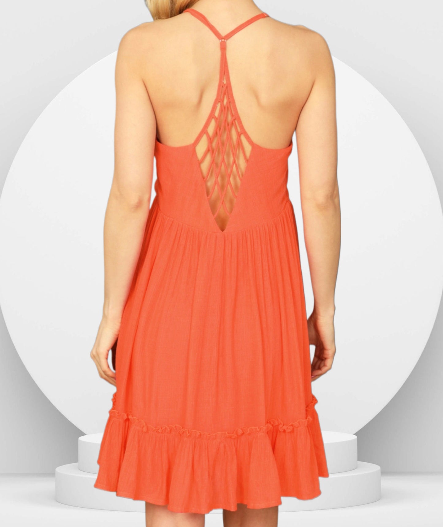 Women's Sleeveless Spaghetti Strap Lattice Racerback Shirred Ruffle Hem Beach Summer Dress Fashion
