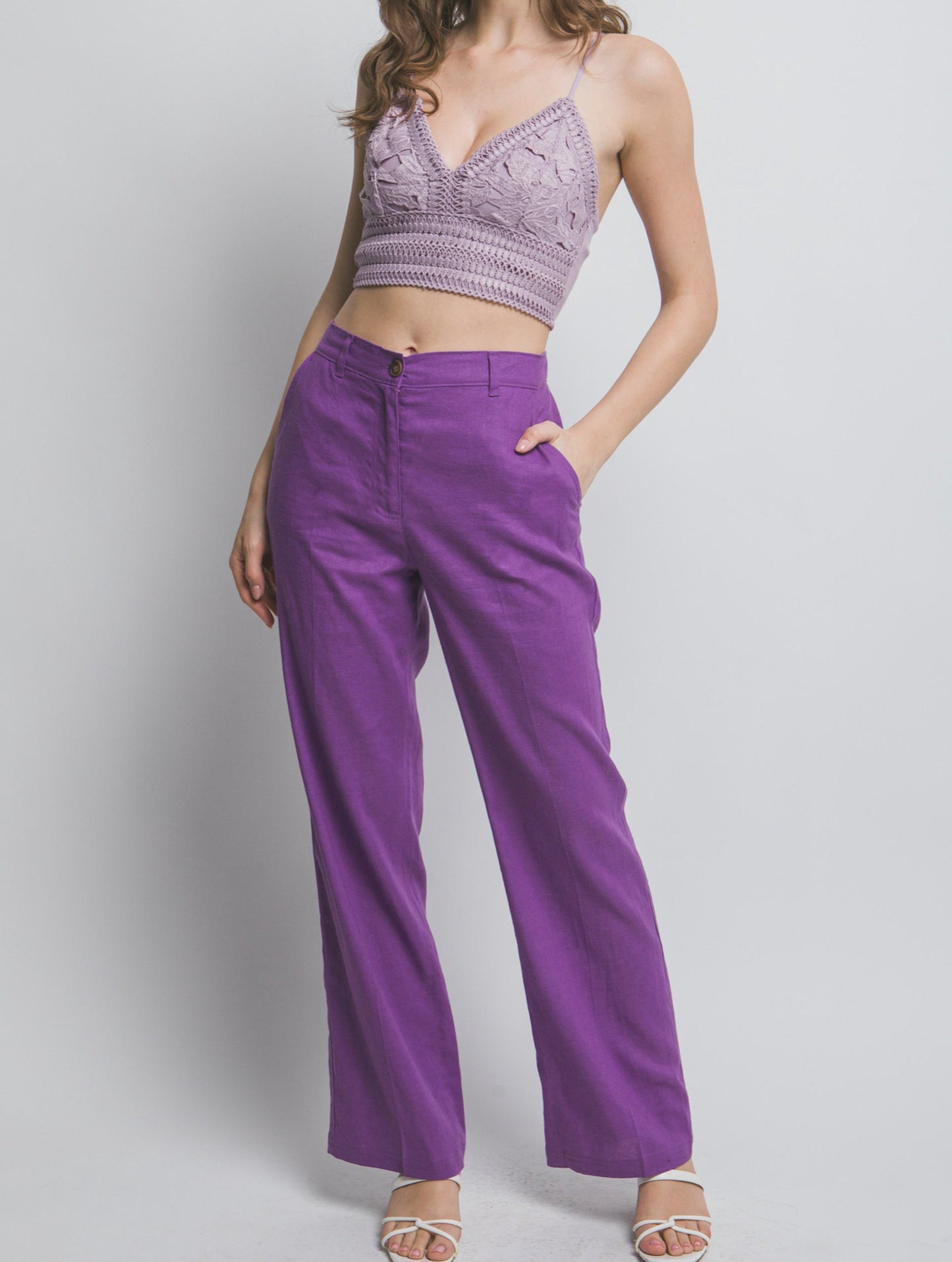 Women's Linen Blend Straight Leg Trouser Pocket Pant Fashion
