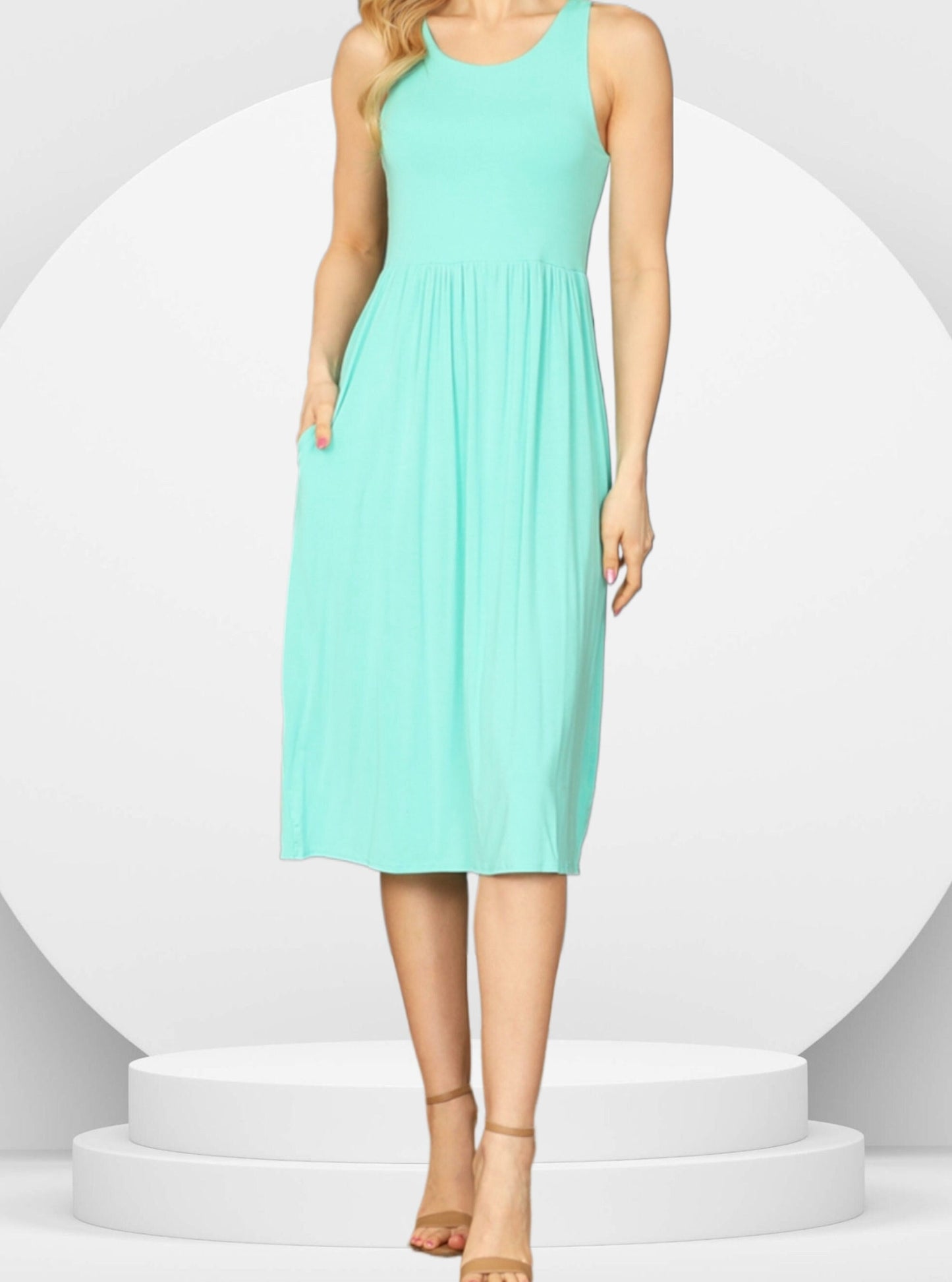 Women's Sleeveless Tank Racerback Pocket Summer Shirred Midi Dress Fashion