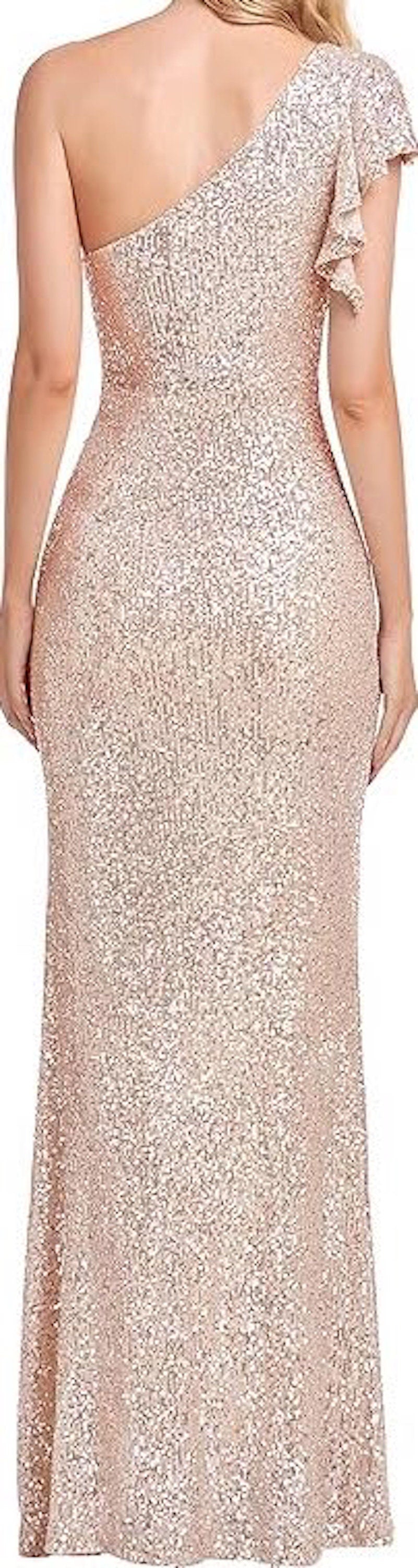Women's Size Large Champagne Sequin One Ruffle Shoulder Ruch Waterfall Side Slit Formal Cocktail Glitzy Mermaid Dress Fashion