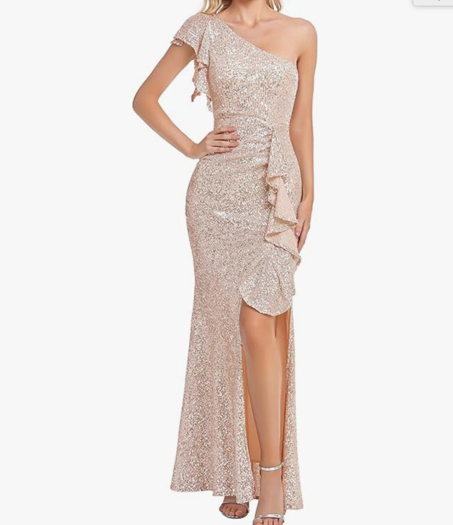 Women's Size Large Champagne Sequin One Ruffle Shoulder Ruch Waterfall Side Slit Formal Cocktail Glitzy Mermaid Dress Fashion