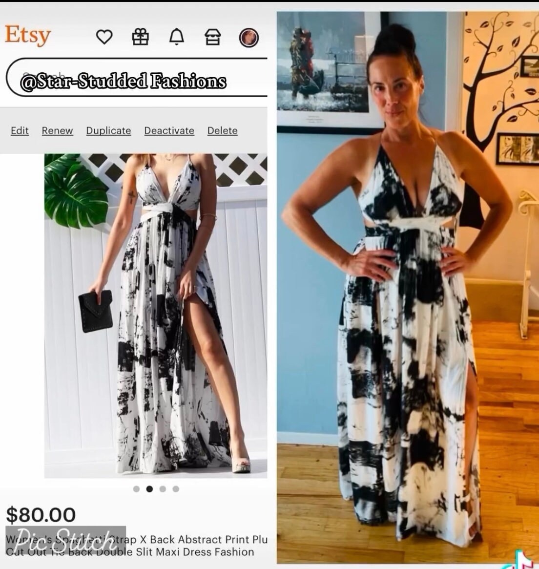 Women's Spaghetti Strap X Back Abstract Print Plunge Cut Out Tie Back Double Slit Maxi Dress Fashion