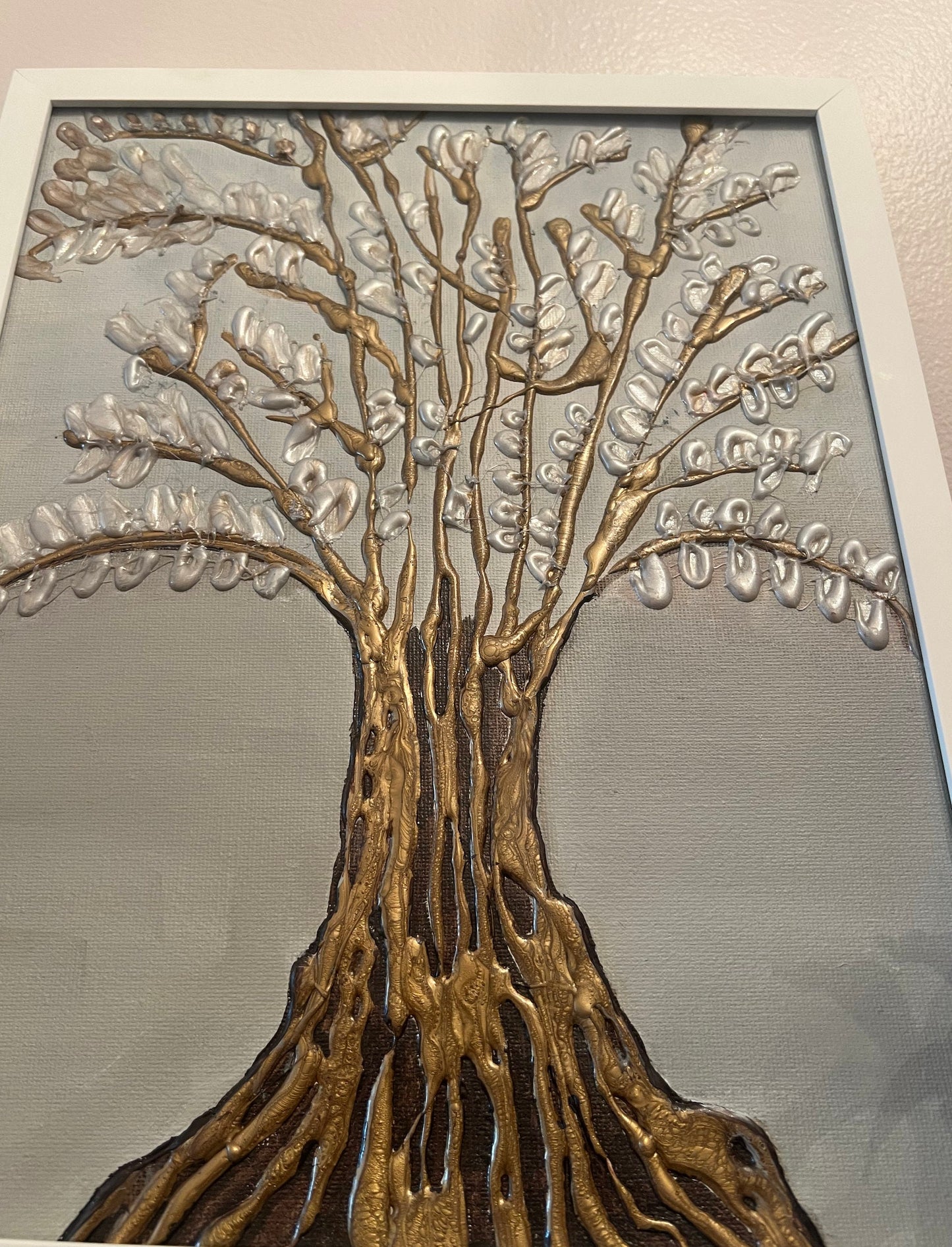 Deeply Rooted 12x15 Textured Silver Gold Glue Acrylic Painting Bold Nature Theme Canvas Framed Wall Art