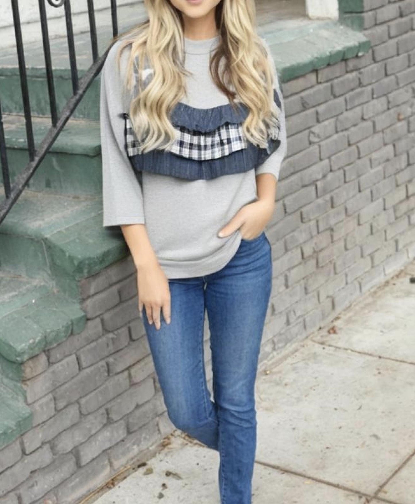 3/4 Sleeve Plaid Ruffle Layer Top Blouse