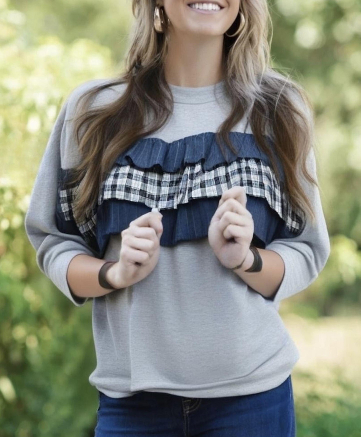 3/4 Sleeve Plaid Ruffle Layer Top Blouse
