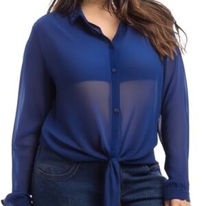 Women's Plus Size Long Sleeve Crystal Accent Semi Sheer Button Down Collar Blouse Top Fashion