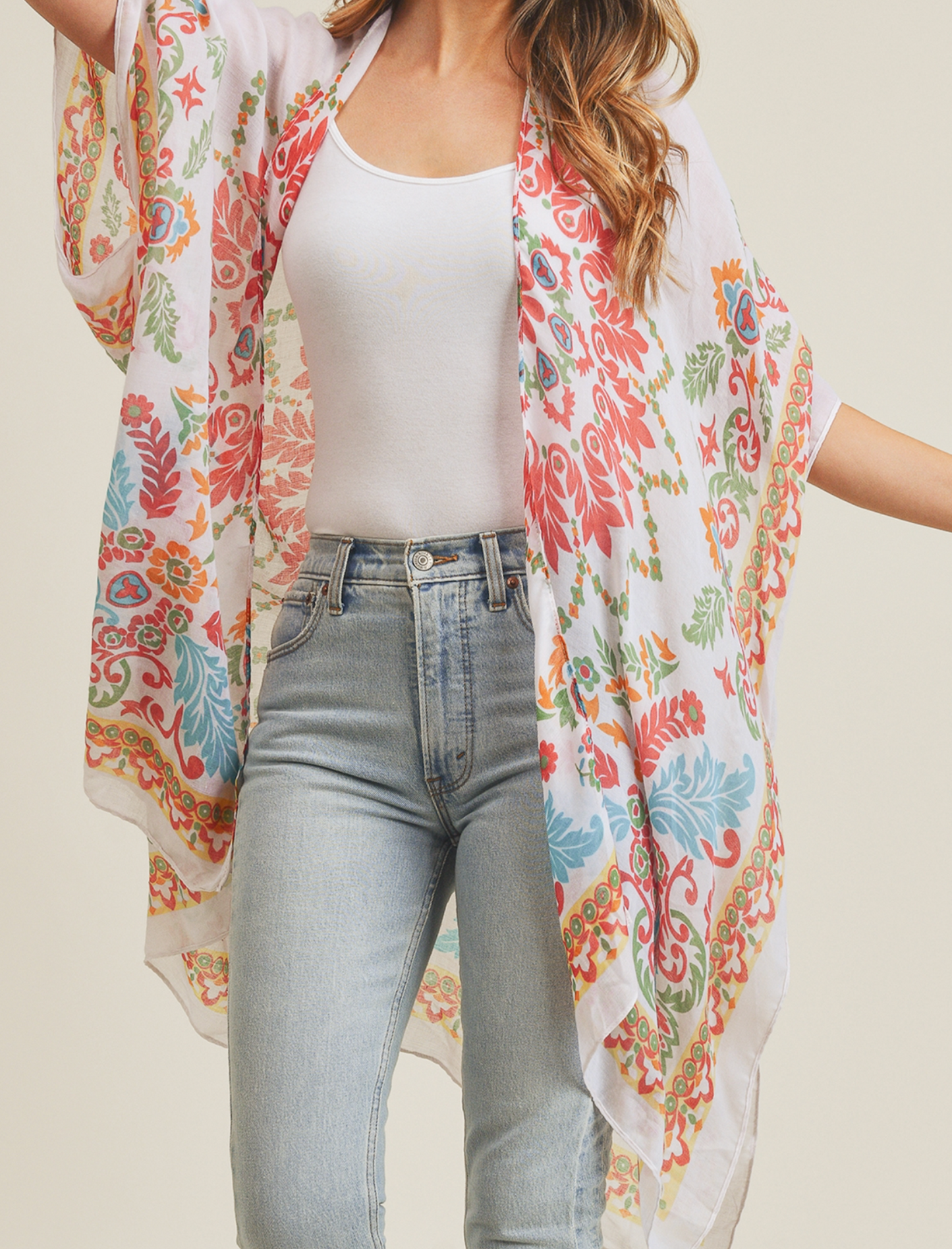 Women's Half Kimono Sleeve Open Front Boho Print Cardigan Beach Cover-Up Fashion