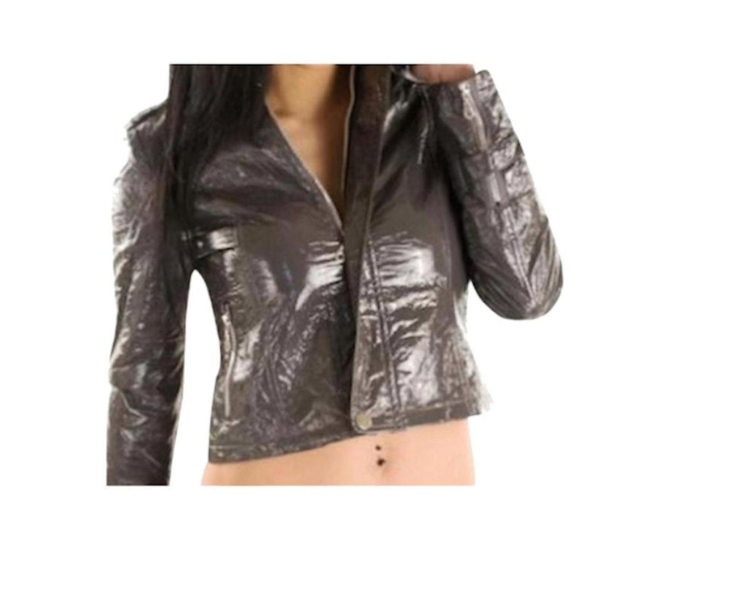 Size Large Biker Chic Crushed Faux Patent Leather Lace Up Jacket