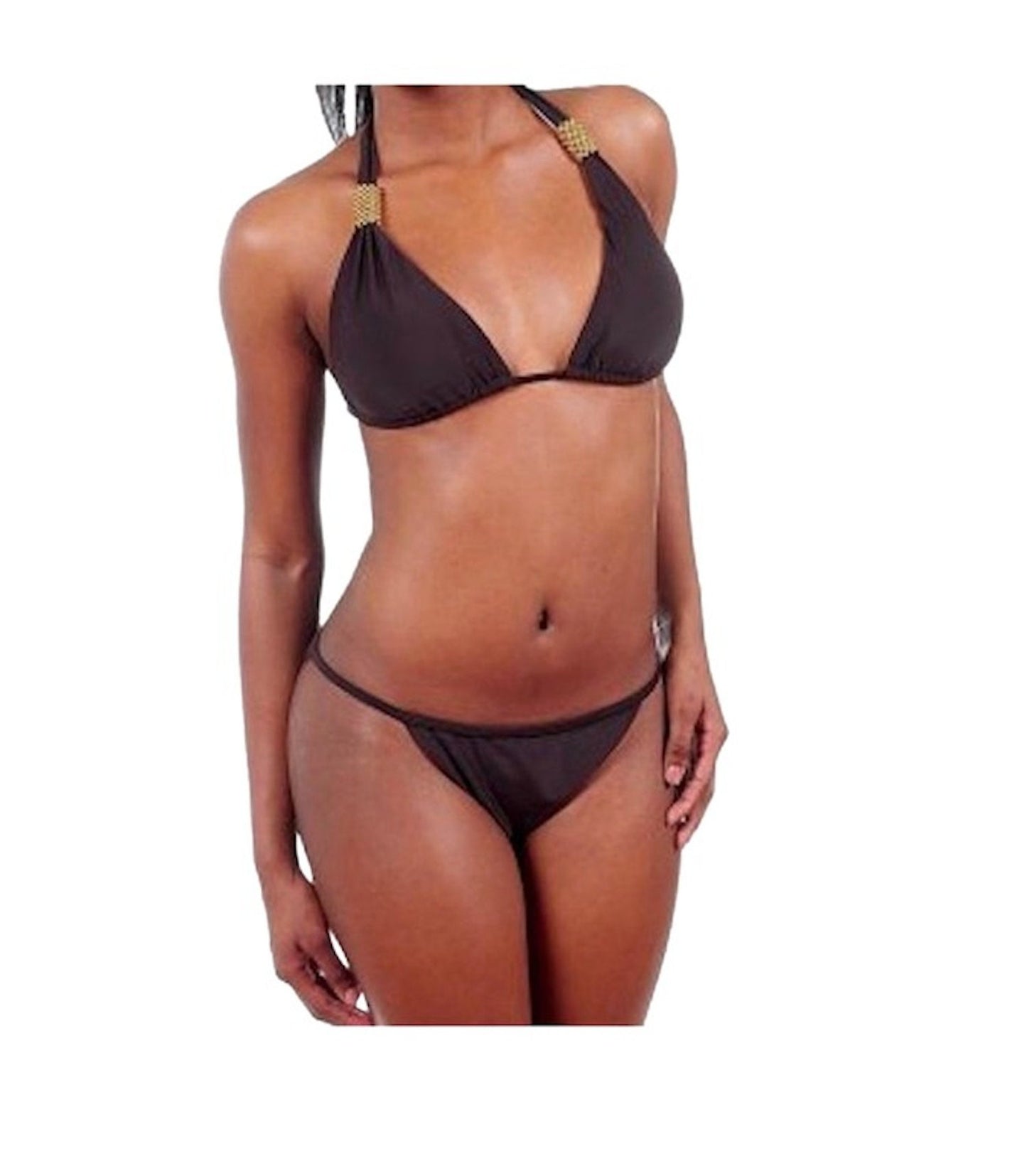 Goldtone Trim Grecian Plus Halter String Bikini