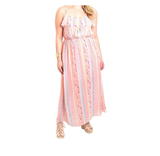 PINK TREND Plus Size XL Ruffle Bust Tribal Stripe Summer Maxi Dress