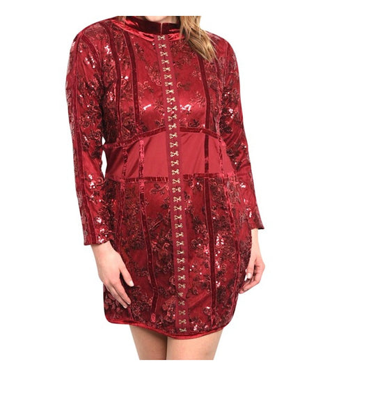 Plus Size Mock Neck Floral Sequin Mini Sheath Eye Hook Cocktail Dress