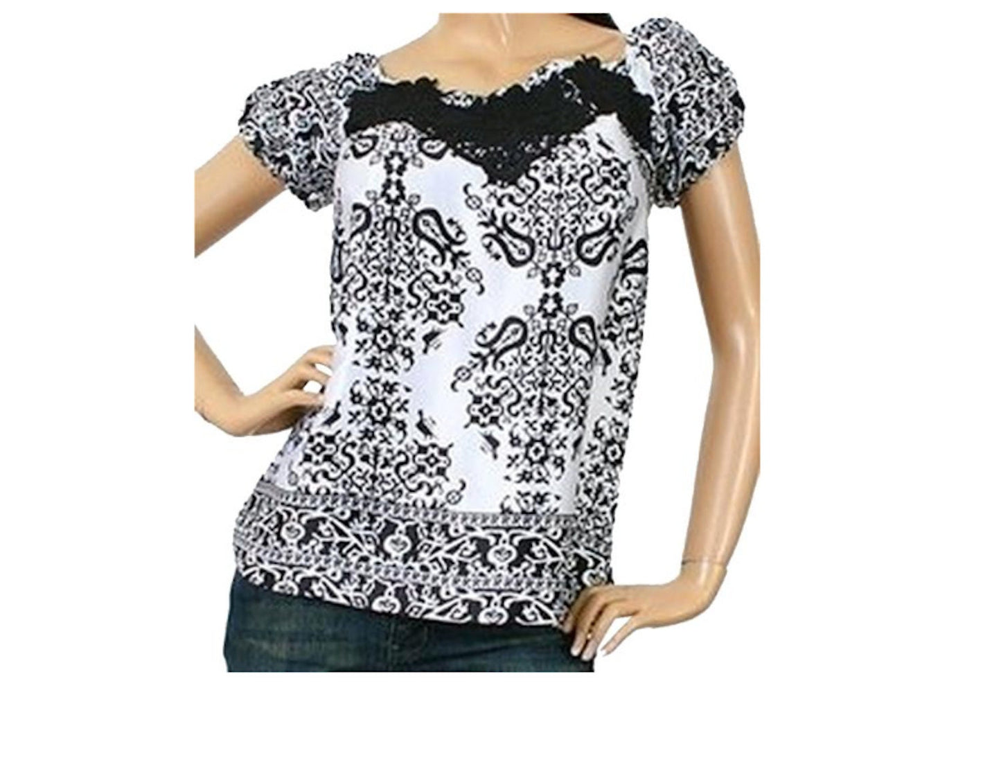 Satin Damask Print Floral Appliqué Top