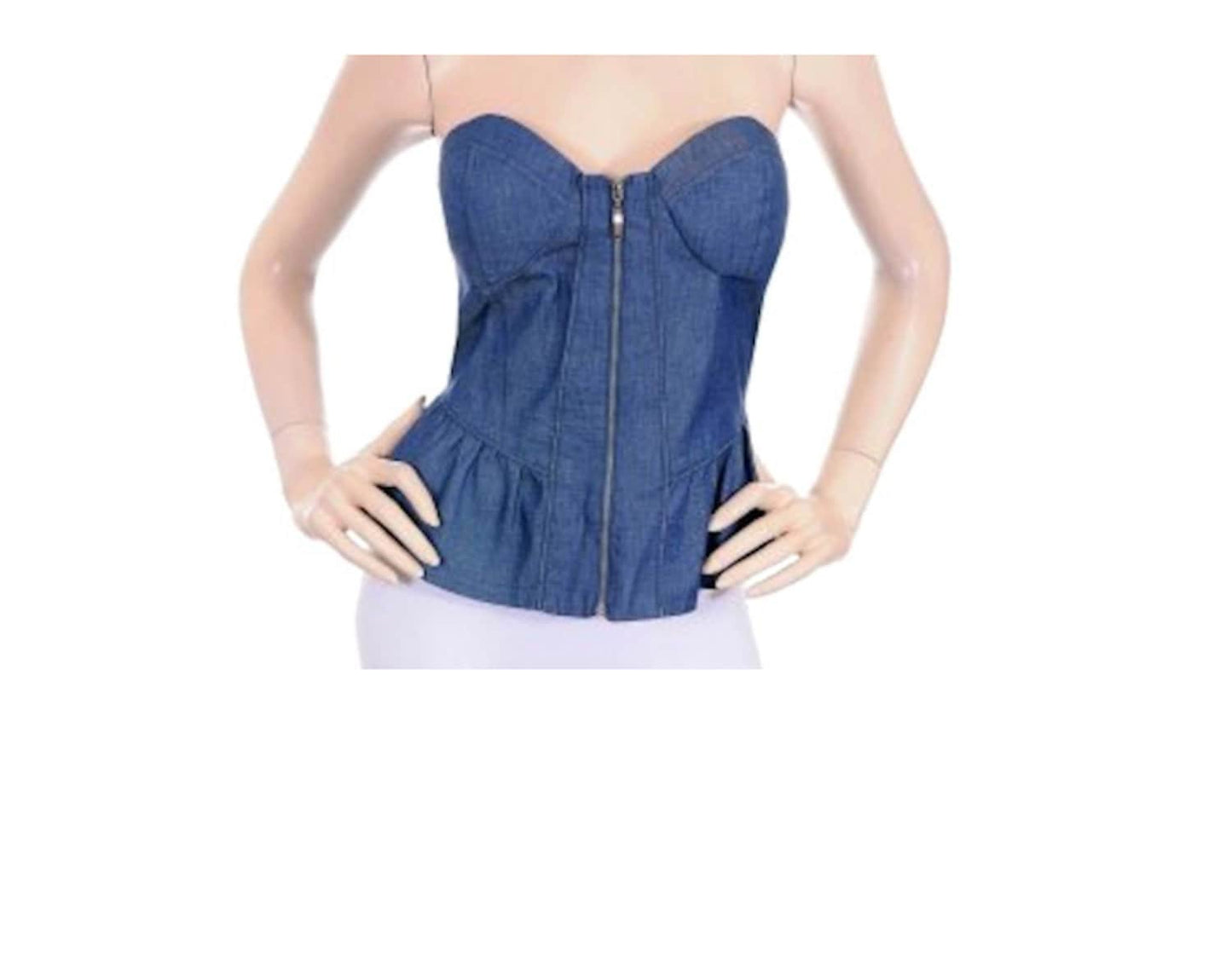 Women's Zip Up Strapless Denim Ruffle Corset Bustier Top Blouse Fashion