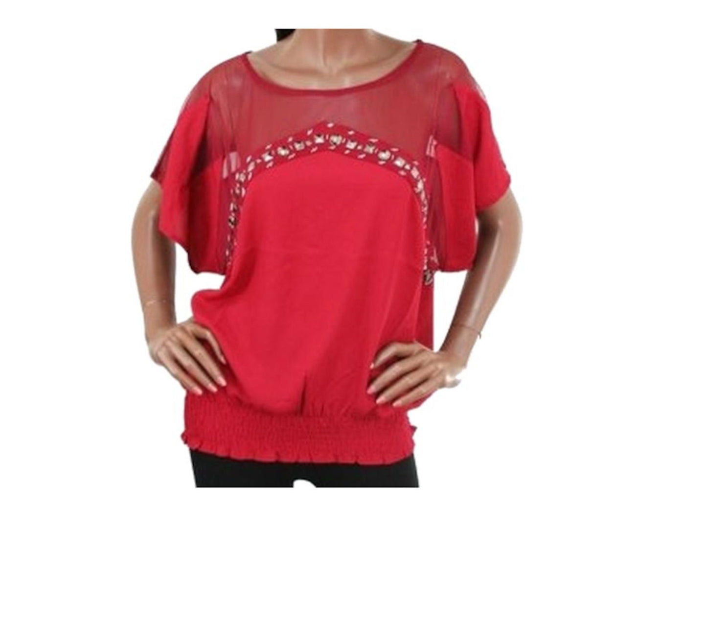 Dolman Sleeve Sheer Neckline Jeweled Top Blouse