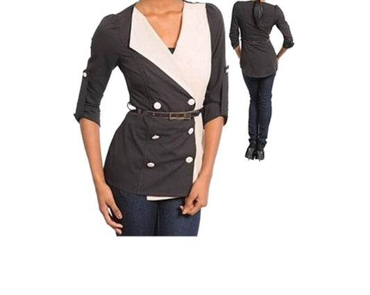 Color Block Belted Double Breasted Blazer Jacket