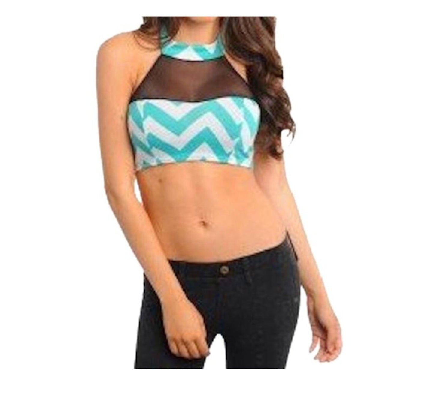 Zig Zag Choker Halter Sheer Insert Crop Top