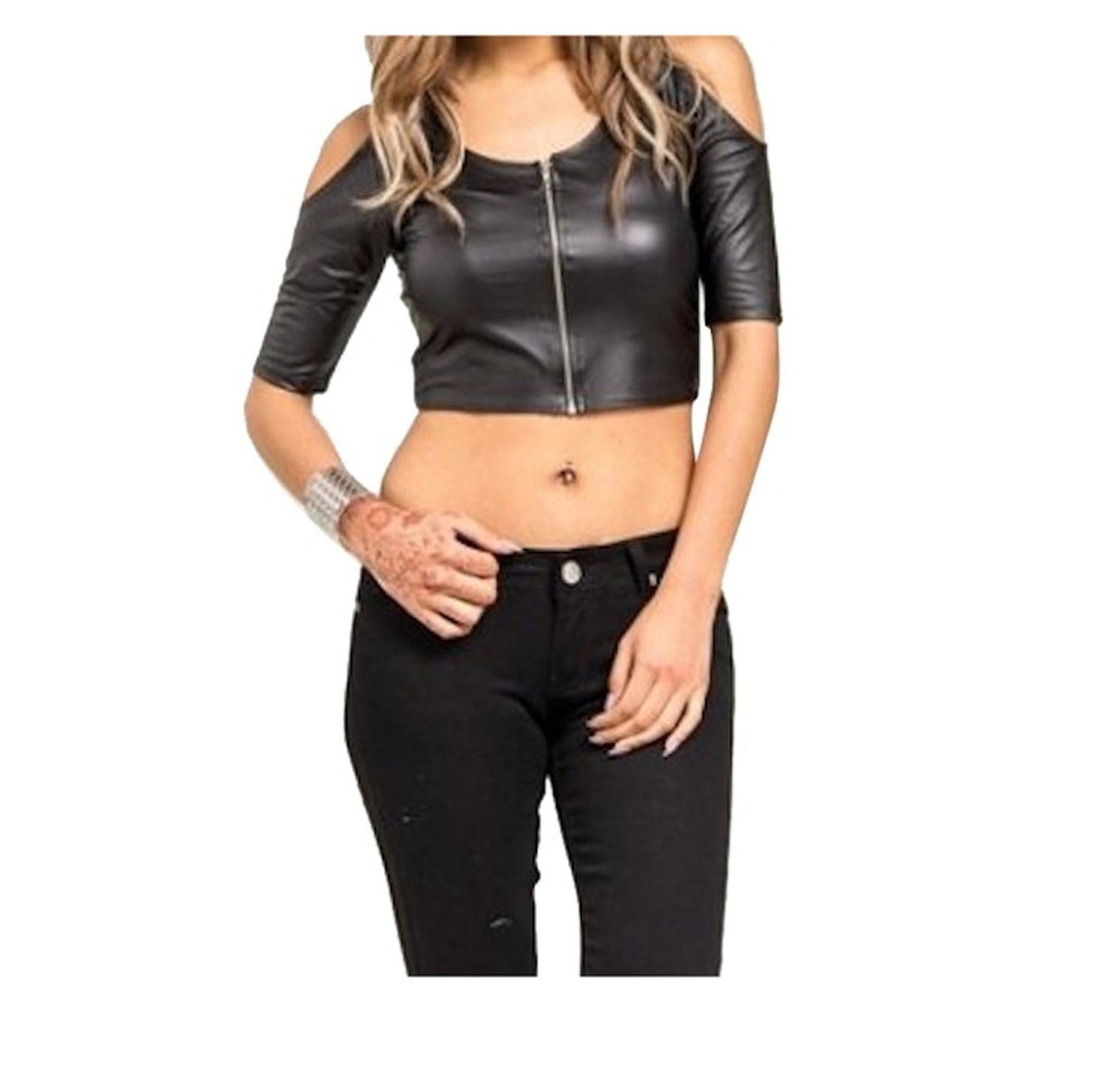 Faux Leather Peekaboo Shoulder Crop Top