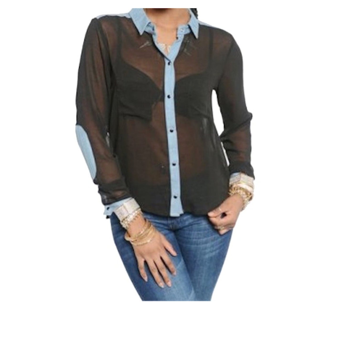 Semi Sheer Elbow Patch Button Down Top Blouse
