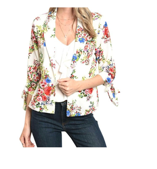 Open Front 3/4 Tie Sleeve Floral Blazer Jacket