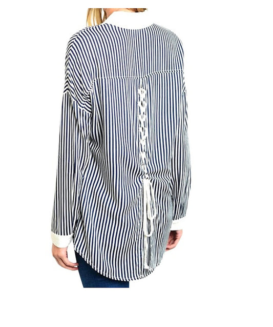 Stripe Collar Button Down Lace Up Back Top Blouse
