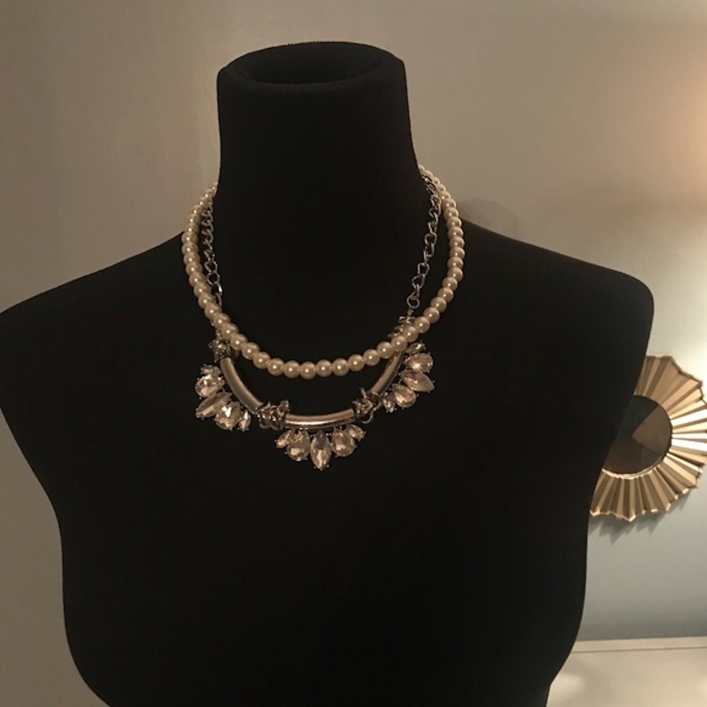 Faux Pearl Crystal Necklace Earrings Statement Set