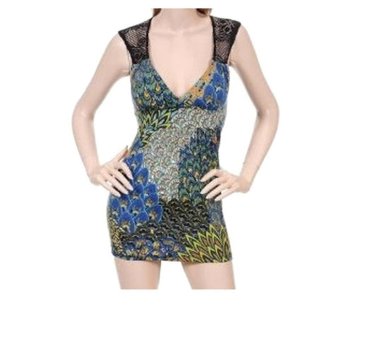 Peacock Knit Shoulder Plunge Mini Dress Tunic Top