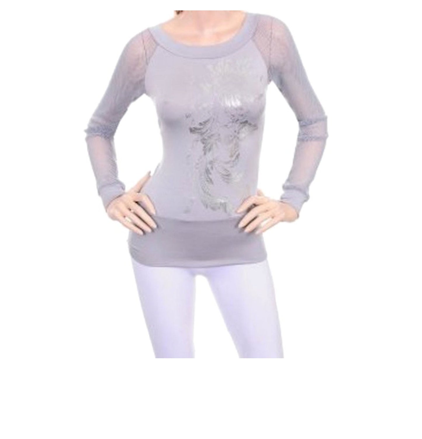 Sheer Back Foil Floral Print Knit Top Shirt