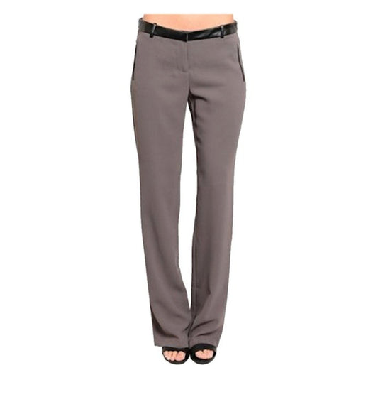 Faux Leather Trim Straight Leg Dress Pant