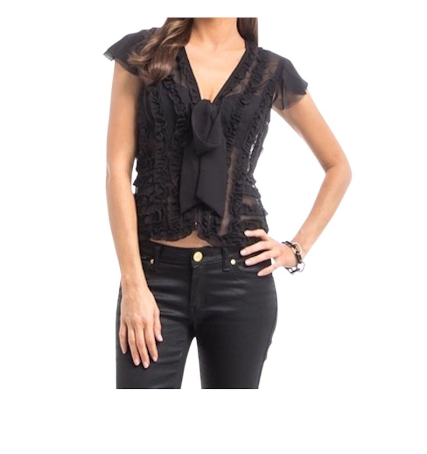 Ruffle Cap Sleeve Bowknot Semi Sheer Top Blouse