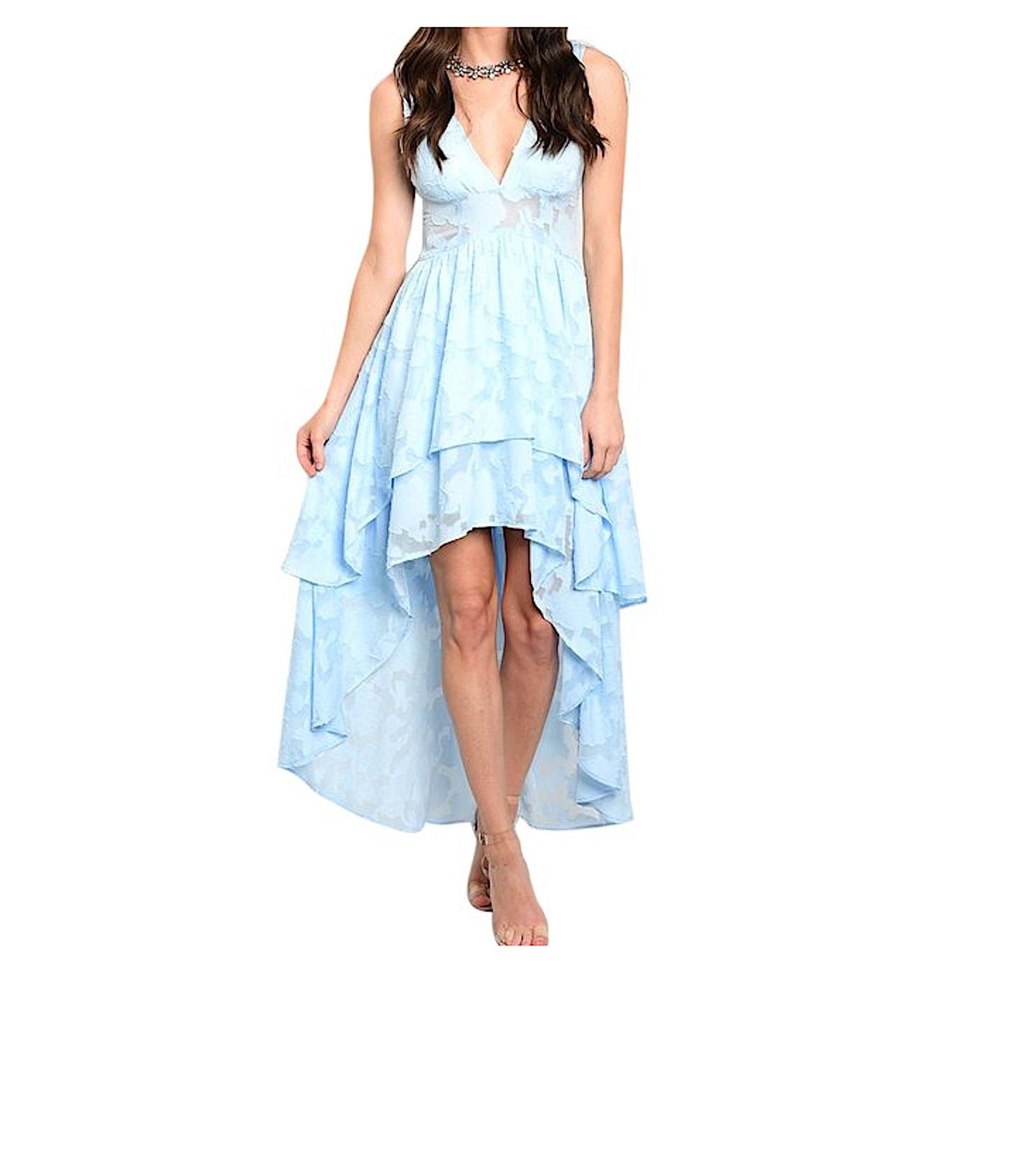 Women's Layered Hi Lo Plunge V Back Sheer Contrast Cocktail Wedding Fashion Dress