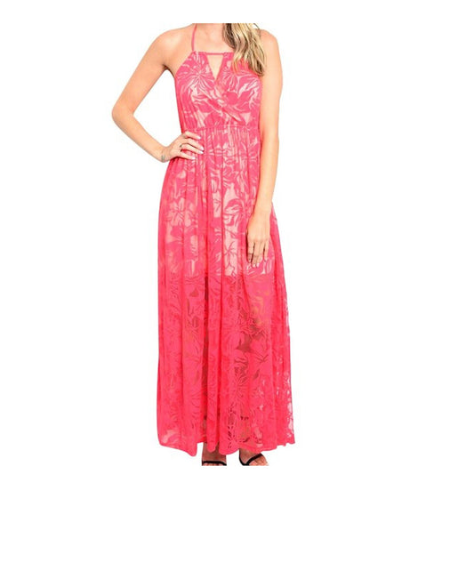PINK TREND Halter Keyhole Open Back Floral Lace Wedding Fashion Dress