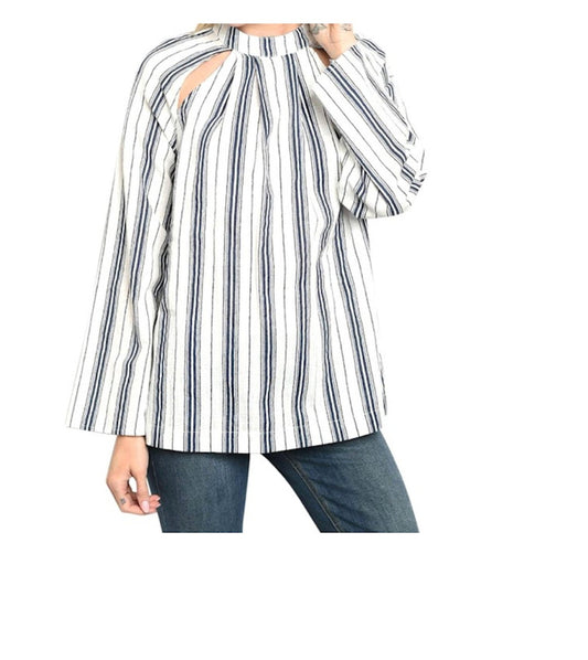 Long Sleeve Stripe Cut Out Top Blouse