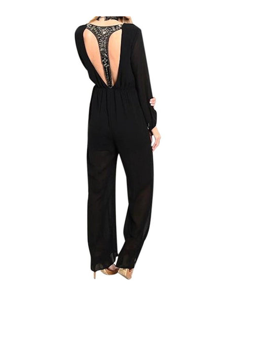 Long Sleeve Wide Leg Embellished T Back Jumpsuit