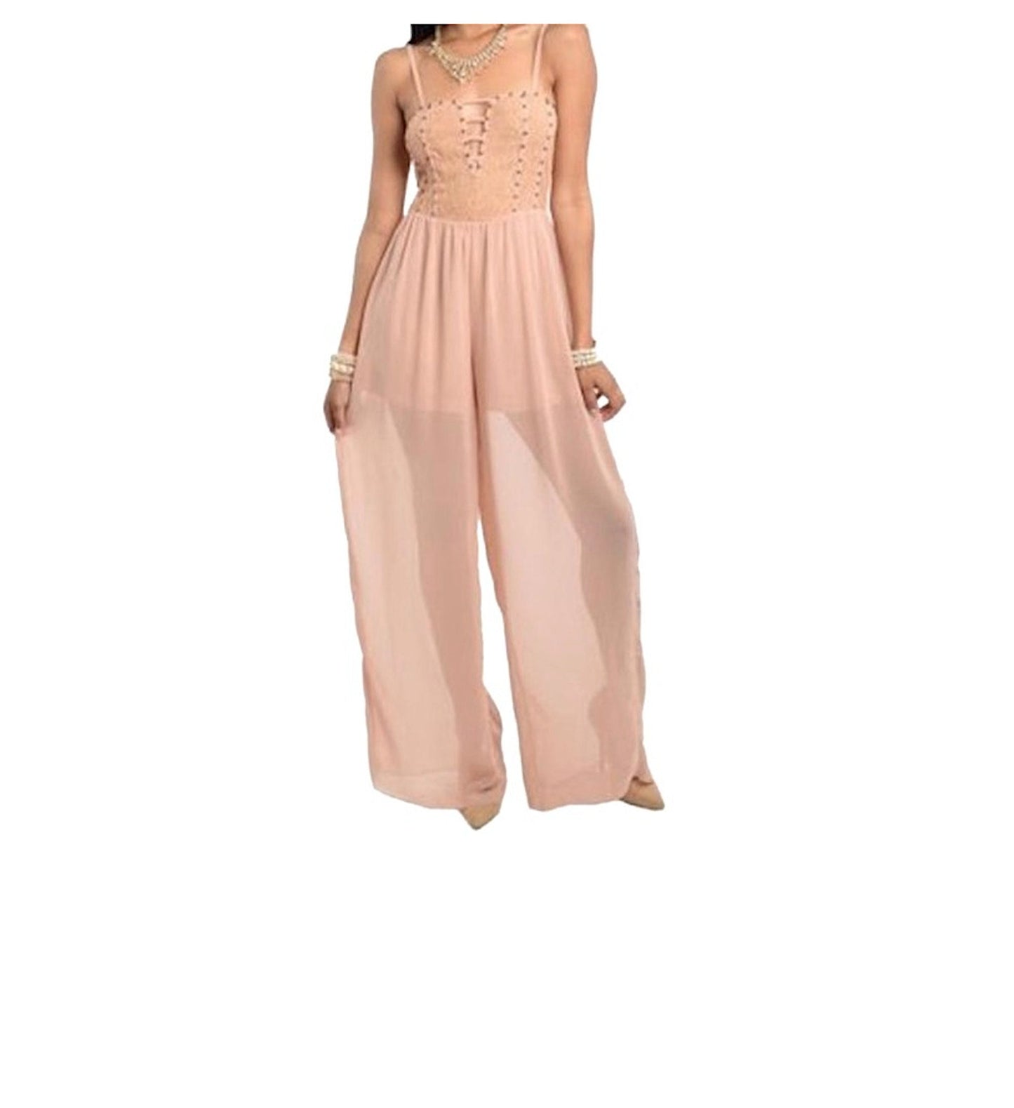 Women's Size Small Peekaboo Studded Lace Overlay Corset Bodice Chiffon Sheer Wide Leg Palazzo Culotte Pant Jumpsuit Fashion