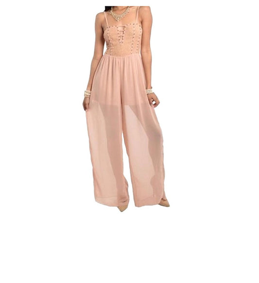 Women's Size Small Peekaboo Studded Lace Overlay Corset Bodice Chiffon Sheer Wide Leg Palazzo Culotte Pant Jumpsuit Fashion