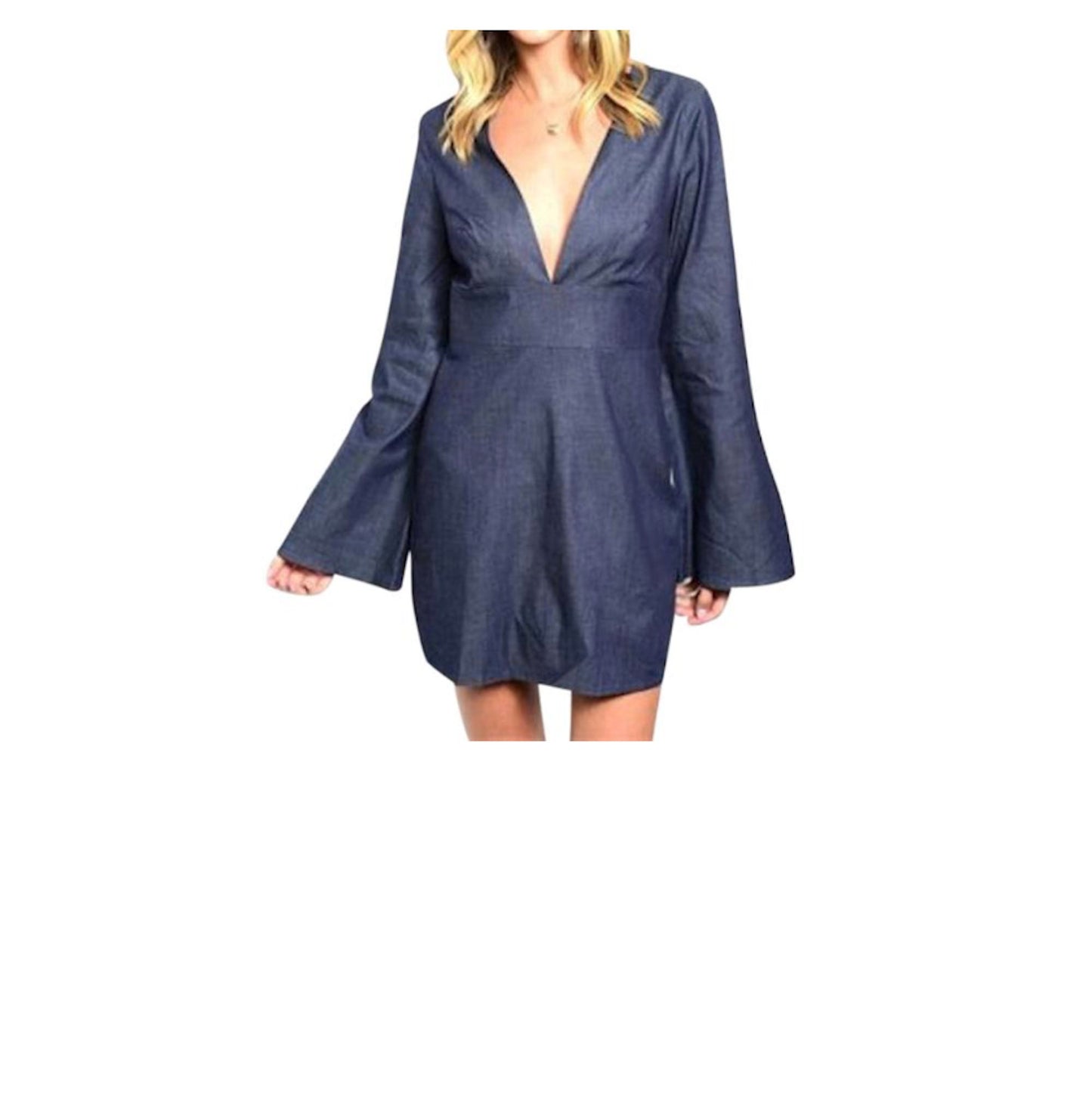 Denim Bell Sleeve Plunge Mod Dress
