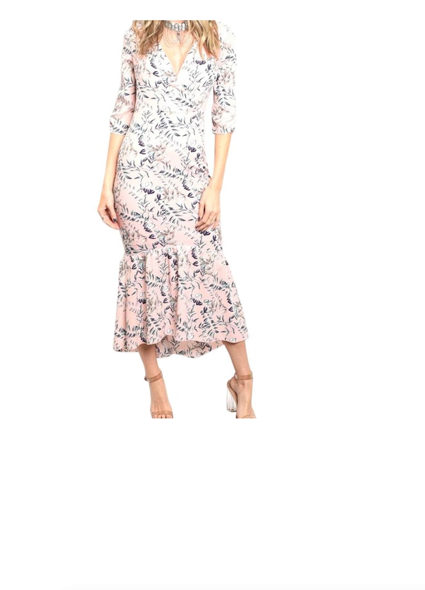 3/4 Sleeve Wrap Top Floral Midi Trumpet Hem Dress