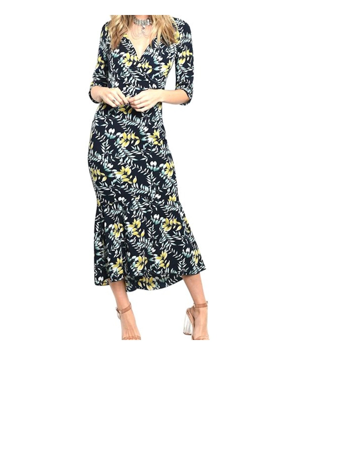 3/4 Sleeve Wrap Top Floral Midi Trumpet Hem Dress