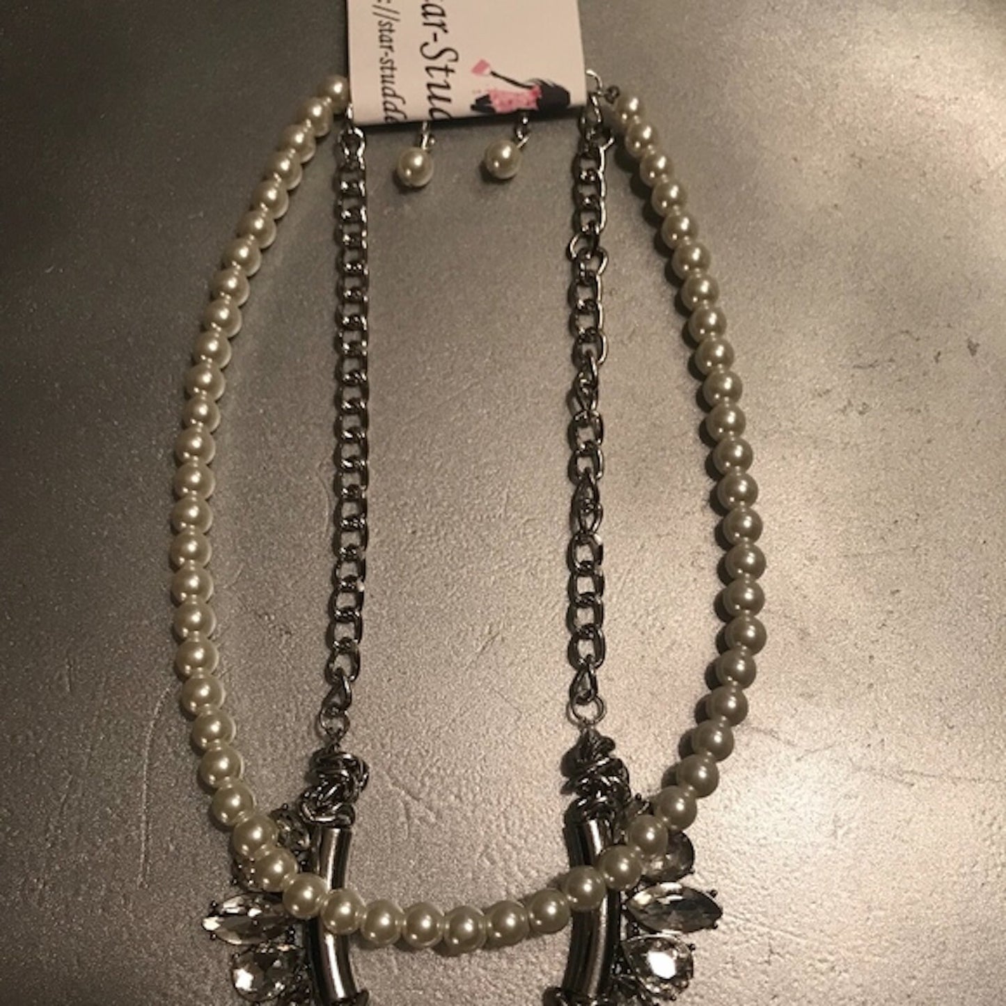 Faux Pearl Crystal Necklace Earrings Statement Set